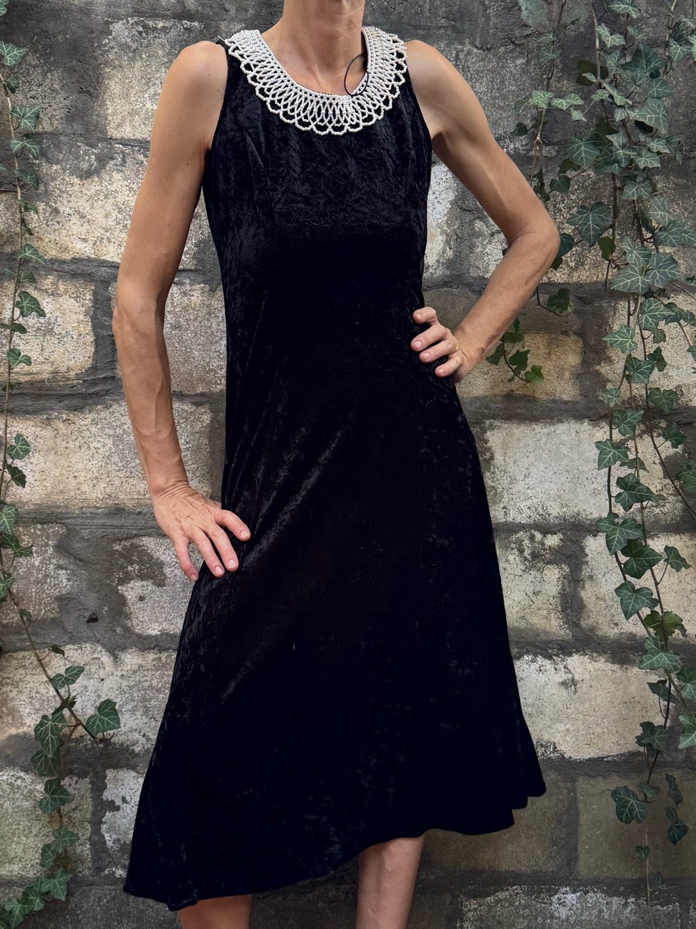 Black Velvet Wednesday Adams Dress with Beaded White Collar